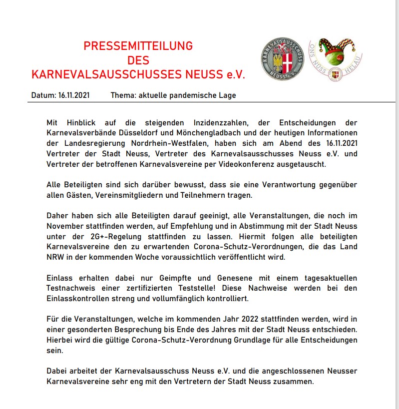 Karneval in Neuss - Pressemitteilung vom 16.11.2021 zur aktuellen pandemischen Lage